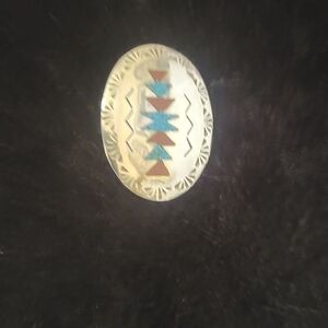 Navajo Sterling Silver Pendant -inlay Turquoise & Coral Stones Stamped